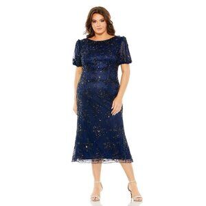 Mac Duggal Size 16 Navy Blue Puff Sleeve Embellished Cocktail MIDI Dress $598